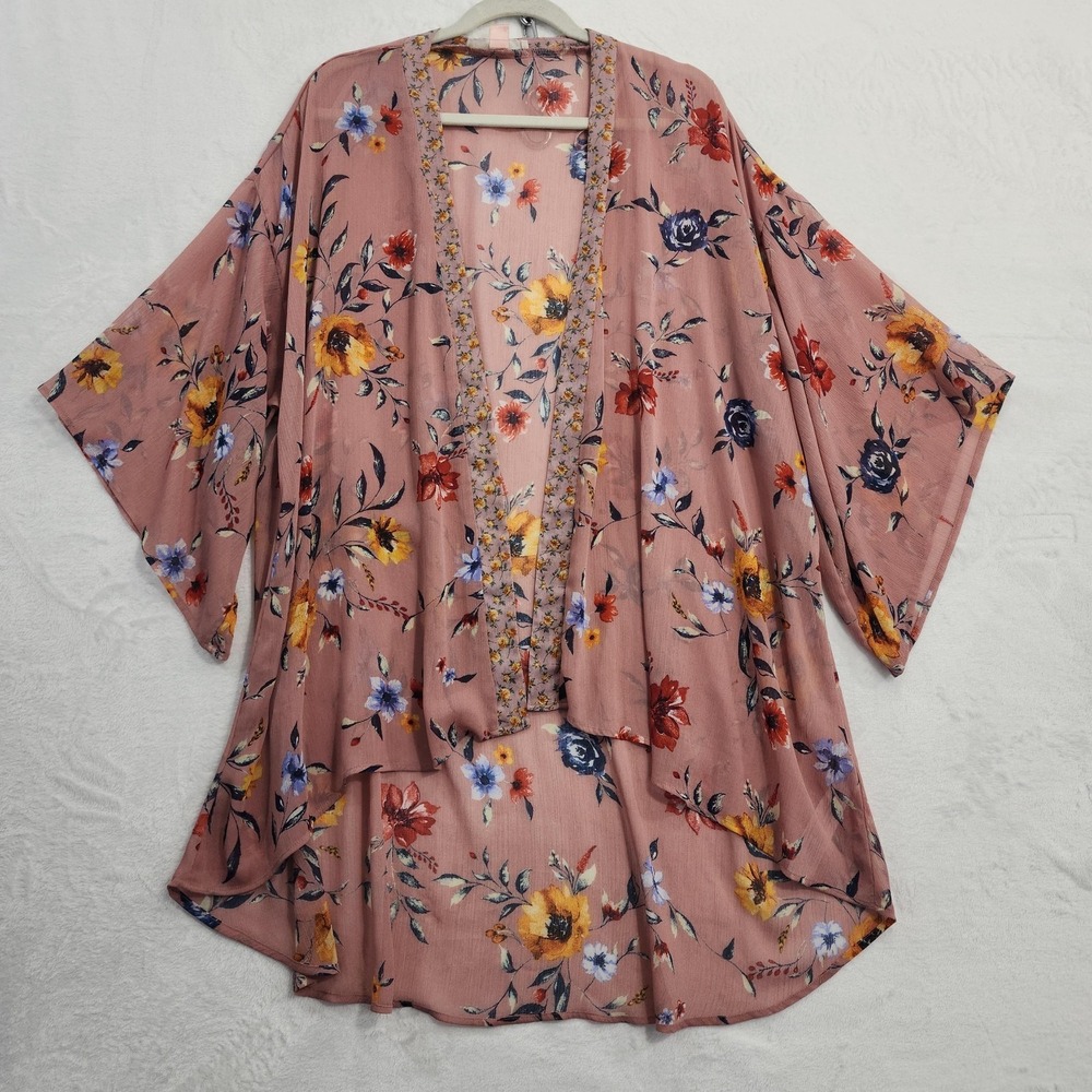 B.O.G Collective Kimono Jacket Womens XS/S Pink Floral Chiffon Boho Lightweight